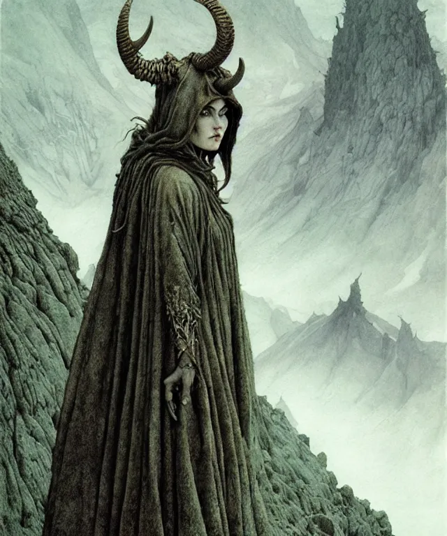 Prompt: A detailed horned boarwoman stands among the mountains. Wearing a ripped mantle, robe. Perfect faces, extremely high details, realistic, fantasy art, solo, masterpiece, art by Zdzisław Beksiński, Arthur Rackham, Dariusz Zawadzki