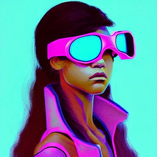 Image similar to zendaya wearing opaque reflective goggles profile picture by Greg Rutkowski, brown skin, very long hair, dune, asymmetrical, futuristic, neon volumetric lights, cool colors, streetwear, studio ghibli, Organic Painting , Matte Painting, geometric shapes, hard edges, street art, trending on the artstation, fantasy LUT, realistic by Sachin Teng + Martin Grip + Moebius + Patrick Gleason, smooth, sharp focus, illustration, art by John Collier and Albert Aublet and Krenz Cushart and Artem Demura and Alphonse Mucha, techwear, Industrial Scifi, detailed illustration, character portrait,