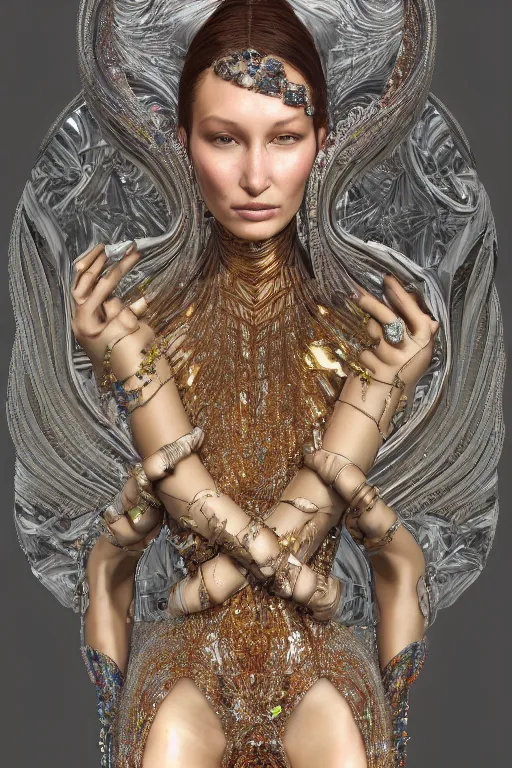 Prompt: a highly detailed metahuman 4 k render of an alien psychedelic goddess bella hadid in iris van herpen dress schiaparelli in diamonds swarovski and jewelry in style of alphonse mucha gustav klimt trending on artstation made in unreal engine 4