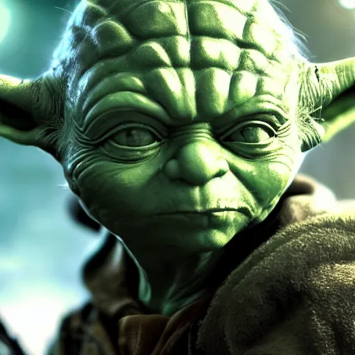 Image similar to Yoda in gears of war, splash art, movie still, detailed face, cinematic lighting, dramatic, octane render, long lens, shallow depth of field, bokeh, anamorphic lens flare, 8k, hyper detailed, 35mm film grain