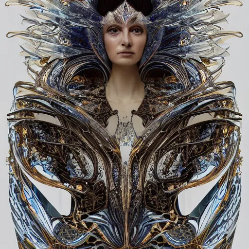 Prompt: high priestess queen of jupiter by iris van herpen, zaha hadid and alphonse mucha. highly detailed, hyper - real, very beautiful, intricate fractal details, very complex, opulent, epic, glowing, trending on deviantart and artstation