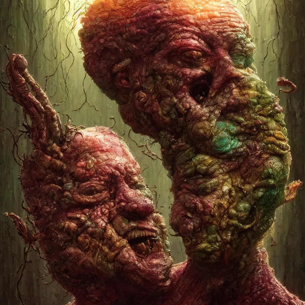 Prompt: extremely detailed cinematic movie still portrait of happpy rainbow dwarf eating mashroom hyperreal skin face by denis villeneuve, wayne barlowe, simon birch, marc simonetti, philippe druillet, beeple, alex grey bright volumetric sunlight, rich moody colors, closeup, bokeh