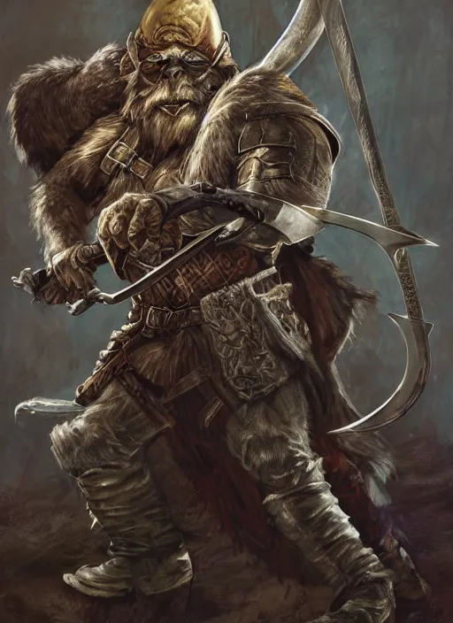 Image similar to strong young man, photorealistic bugbear ranger holding aflaming sword, black beard, dungeons and dragons, pathfinder, roleplaying game art, hunters gear, jeweled ornate leather and steel armour, concept art, character design on white background, by alan lee, norman rockwell, makoto shinkai, kim jung giu, poster art, game art