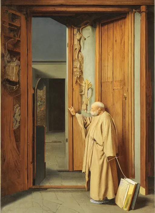 Image similar to a realistic old man in robes holding a book standing in front of an elaborate ancient wooden door, beautiful colourful fantasy rendering, Agnolo Bronzino, Simon Stälenhag, N.C. Wyeth