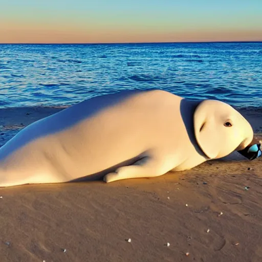 Prompt: a cute beluga on a beach, sun bathing, golden hour, vivid color, hyper realistic photograph