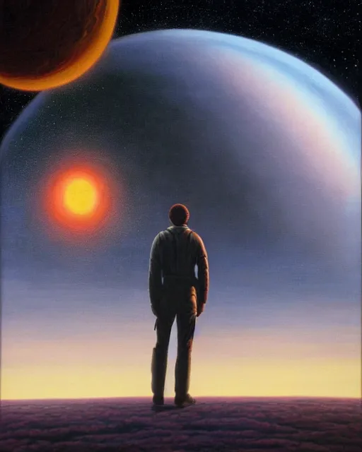 Image similar to a painting of a man standing in front of a planet, a detailed matte painting by david a. hardy and by david a hardy and by clyde caldwell, featured on deviantart, space art, sci - fi, dystopian art, matte painting