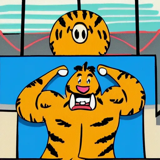 Image similar to “a tiger exercising at a gym, children cartoon, Disney”