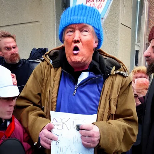 Image similar to donald trump dressed as a homeless man asking for money on the streets, detailed face