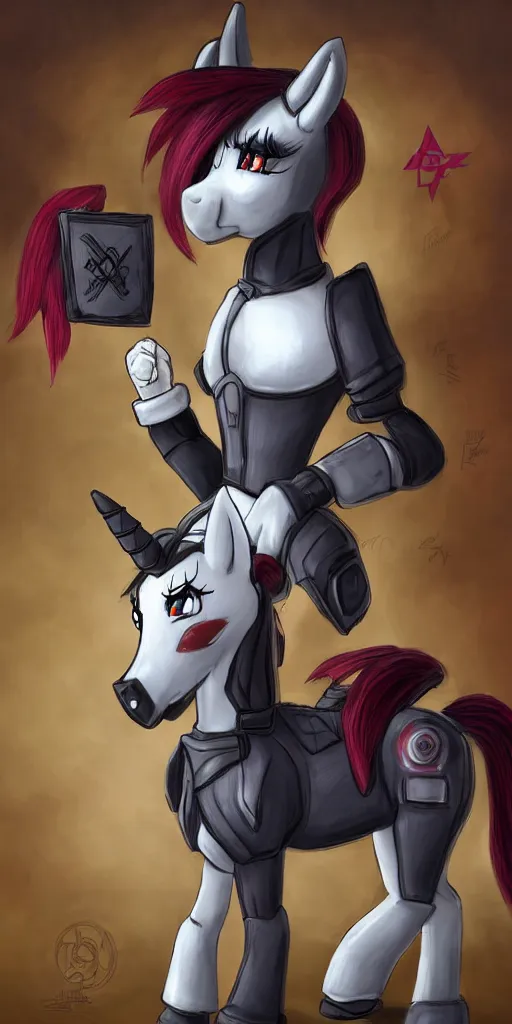 Image similar to Fallout Equestria Project Horizons | Blackjack Character Fanart | White MLP Unicorn Mare with red and black shaggy hair, and bright, robotic eyes. | Cutie Mark is: Ace and Queen of Spades | Trending on ArtStation, Digital Art, MLP Fanart, Fallout Fanart | Blackjack sitting and looking depressed at the viewer | Hyperrealistic CGI Photorealism