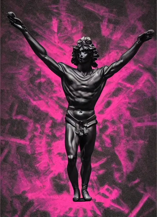 Prompt: elegant dark design poster showing a large greco roman statue of hermes, black background with very subtle red and purple design elements, bold, powerful, nekro, vito acconci, thin straight purple lines, dark, glitch art, neo vaporwave, gritty, layout frame, square, trending on artstation