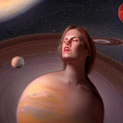 Image similar to all of the planets revolving around a giant Woman, beautiful, oil on canvas, intricate, 8k highly professionally detailed, HDR, CGsociety