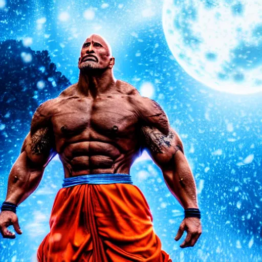 Prompt: photorealistic full shot of Dwayne Johnson as a warrior style goku super saiyan at moonlight, apocalyptic background, snowing, lightning bolt, high detail, unreal engine 4k volumetric light, fog,