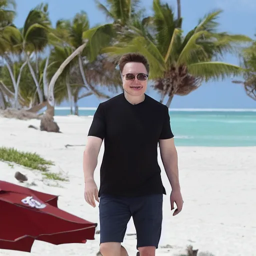 Image similar to elon musk smiling walking at the beach chilling in aruba