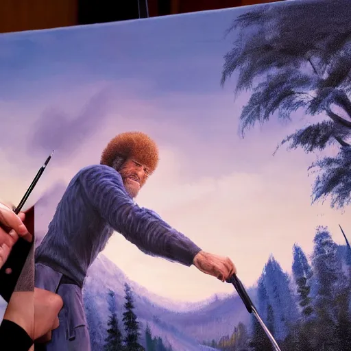 Image similar to a closeup photorealistic photograph of bob ross working on a canvas painting of hawkeye. film still. brightly lit scene. this 4 k hd image is trending on artstation, featured on behance, well - rendered, extra crisp, features intricate detail, epic composition and the style of unreal engine.