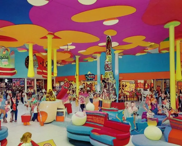 Image similar to the interior of a colorful dr. seuss - themed 1 9 8 0 s mall with mall - goers