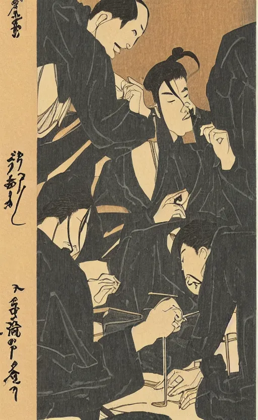 Prompt: by akio watanabe, manga art, a male calligrapher drawing ideograms inside a warm inn, trading card front, winter season, realistic anatomy