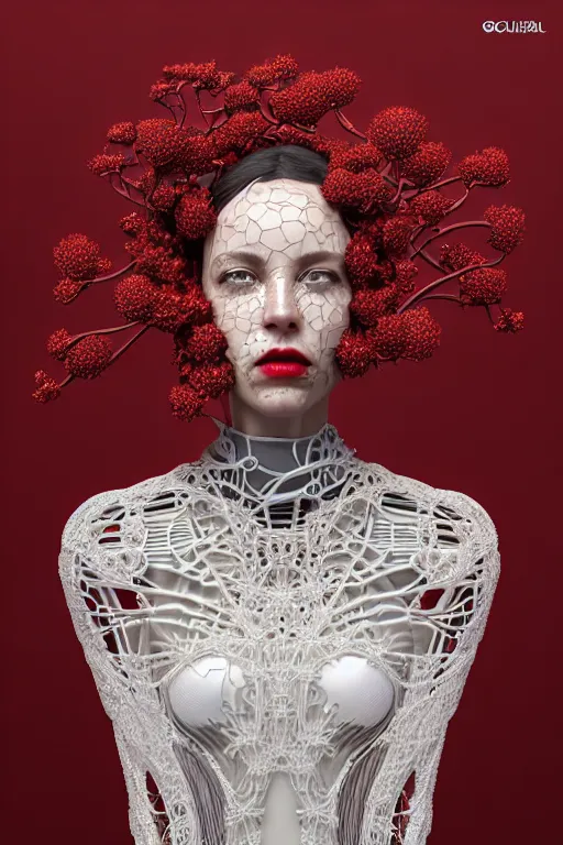 Image similar to complex 3 d render, hyper detailed ultrasharp beautiful biomechanical mandelbrot fractal filigree mesh wire female cyborg portrait with a porcelain profile face, elegant crown with big hydrangea foliage leaves stems roots, red lips, alexander mcqueen haute couture, art nouveau fashion, octane render, 8 k