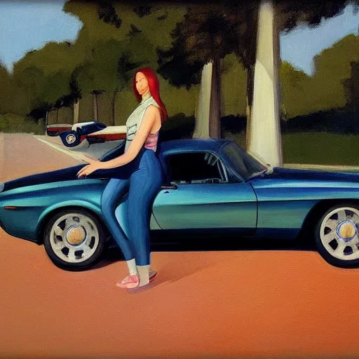 Prompt: Half body portrait with car, dated a woman that lived on Cooterneck Road, She had a catfish Camero and was cooler than me, by Edward Hopper, Bo Bartlett, and Cynthia Sheppard, Artstation