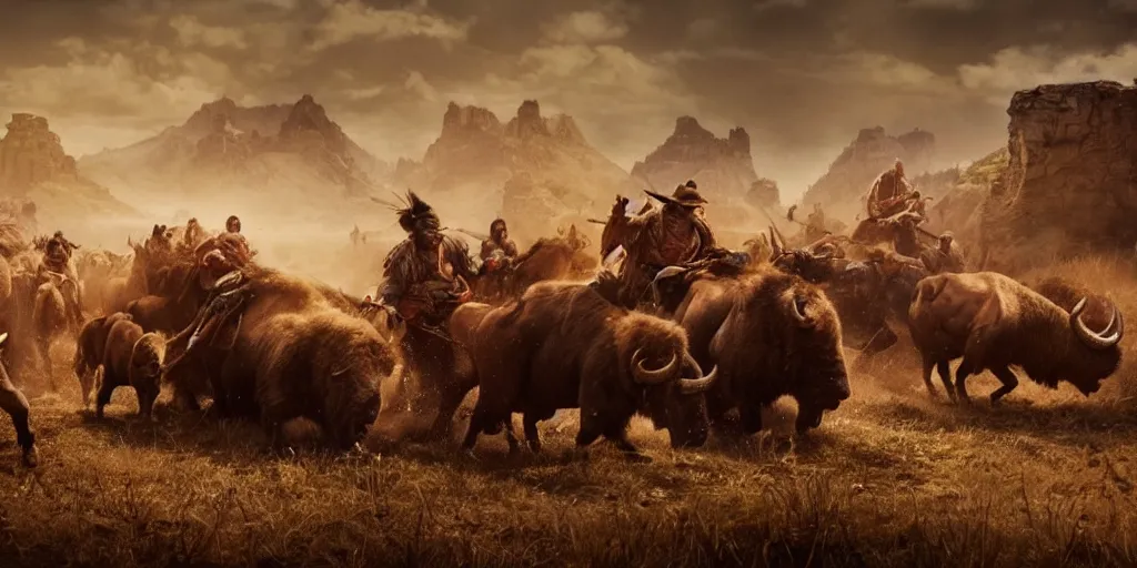 Image similar to indian tribe on wood ATV attacking bisons, action scene, an epic western, dramatic lighting, cinematic, establishing shot, extremely high detail, photorealistic, cinematic lighting, artstation, octane render, old photo, buffalo hunt movie, alpha movie, western