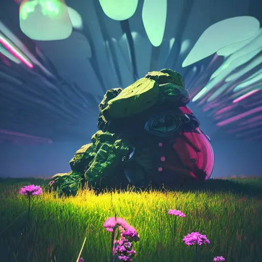 Image similar to beautiful dark landscape, gizmo head, beautiful flowers growing, in the style of beeple and mike winkelmann, intricate, epic lighting, cinematic composition, hyper realistic, 8 k resolution, unreal engine 5, raytracing, reflections, ultraviolet colors