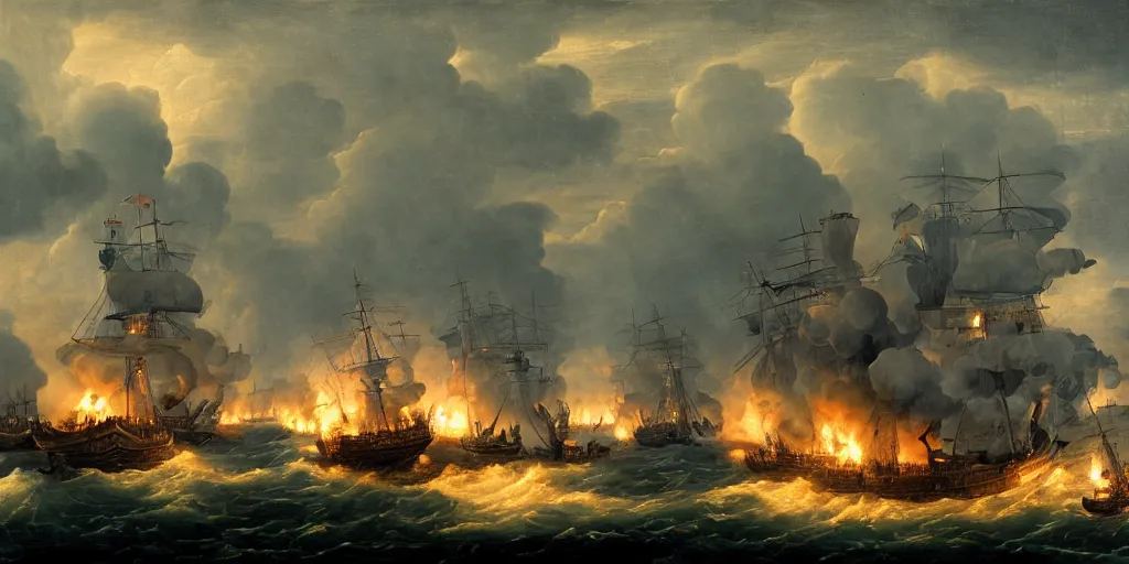 Prompt: an epic naval battle fought in the 1600s on a stormy night with ships burning, high detail, high definition, photorealistic, 8k