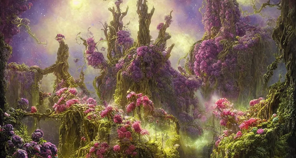 Image similar to a large alien shrine shrouded by mystic nebula magic in a field of flowers, ferdinand knab, breath - taking beautiful flowers, streams, nebula, and mist, an aesthetically pleasing, dynamic, energetic, lively, complex, intricate, detailed, well - designed digital art of magic, streams, flowers, and mist, early morning, light and shadow