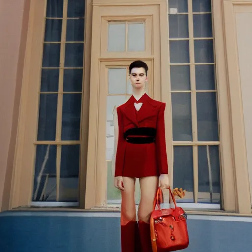 Image similar to realistic! photoshoot for a new balenciaga lookbook, color film photography, portrait of a beautiful woman, photo in style of wes anderson, 35mm