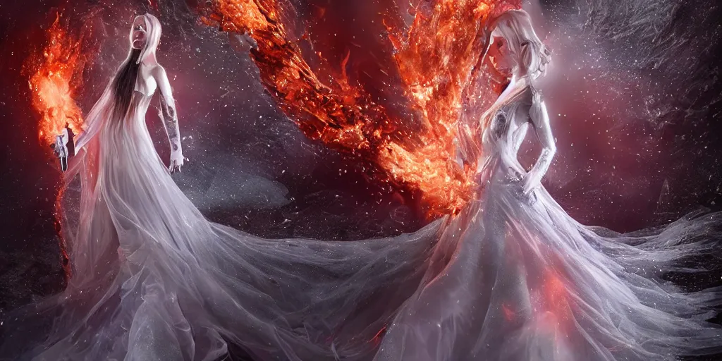 Prompt: extraordinary sensual fairytale princess dress made of fire and ice, snow, crystals, fusion, eruption, particles, 3d model, epic scene unreal render depth of focus blur hyper realistic detail Star Wars, fantasy art behance