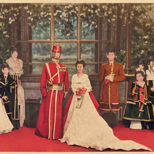 Prompt: a wide full shot, colored russian and japanese mix historical fantasy of a photograph taken of a royal wedding opening remarks, photorealistic, warm lighting, 1 9 0 7 photo from the official wedding photographer for the royal wedding.