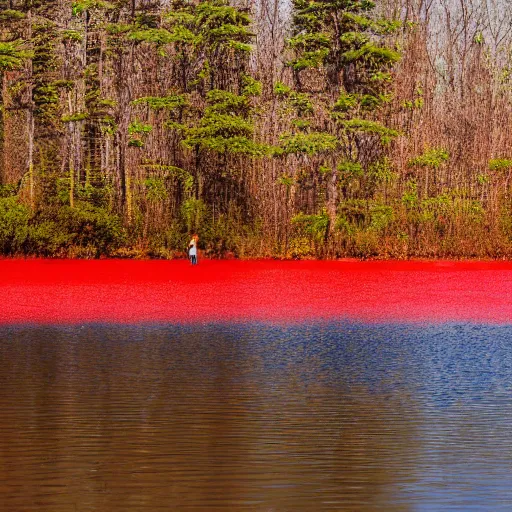 Image similar to a lonely dark figure wading through a red lake