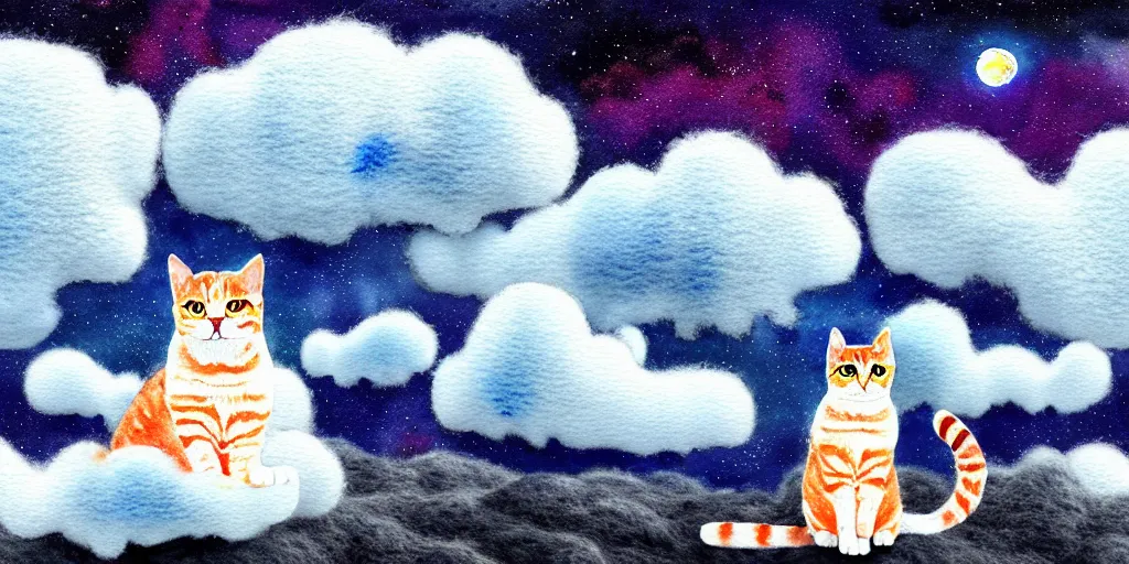 Prompt: a ultradetailed watercolor art of cat with wool felting clouds illustration by nico delort, colorful alien mountains background, 4 k resolution, high detailed, matte painting, tarot card style, nasa photo