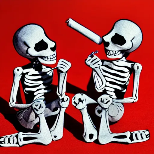 Prompt: Skeletons smoking cigars