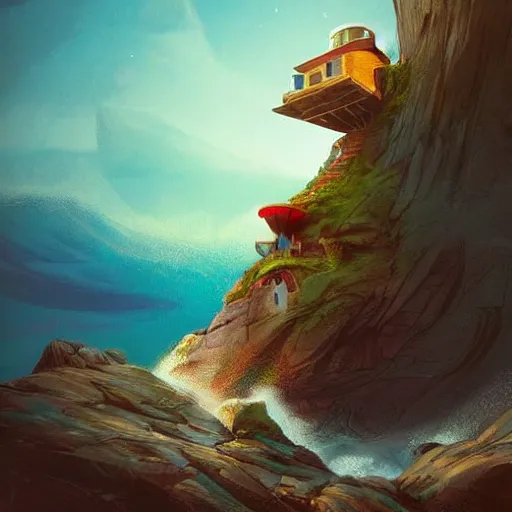 Image similar to a cozy colorful cabin carved into a mountain, view of the ocean, huge waves beneath, dramatic lighting, artstation, matte painting, raphael lacoste, simon stalenhag, frank lloyd wright, zaha hadid, drone view