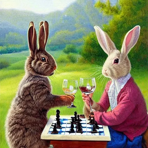 Image similar to rabbits drinking wine and playing chess. Painting of rabbits in sweaters by James Gurney.