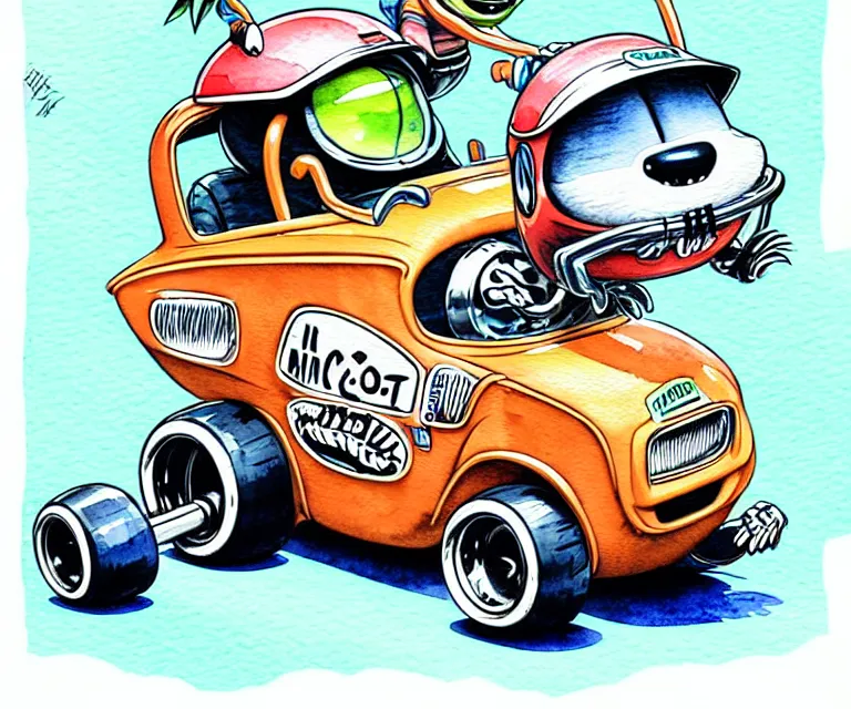 Prompt: cute and funny, racoon wearing a helmet riding in a tiny hot rod with oversized engine, ratfink style by ed roth, centered award winning watercolor pen illustration, isometric illustration by chihiro iwasaki, edited by range murata