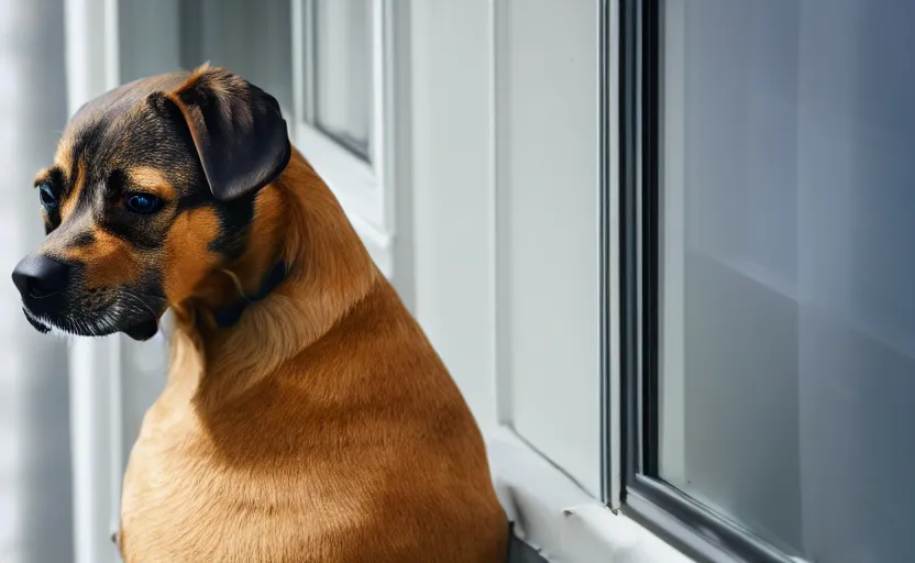 Image similar to a dog is looking out of a window, beautiful lighting, 8 k