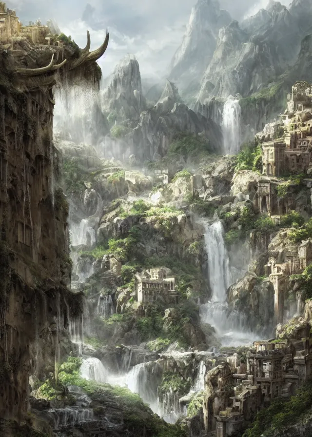 Prompt: a highly detailed matte painting of a beautiful greco roman city by a waterfall in the mountains with ominous stone antler roots growing on some of the buildings, 8 k hd, concept art, artstation, deviantart, cg society,