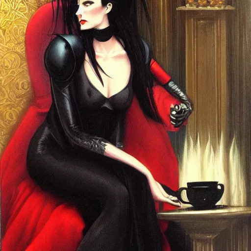 Image similar to fantasy painting of a beautiful dark princess, style of gerald brom, dark hair, black and red dress, blue eyes, sitting on a dark wooden throne, drinking coffee