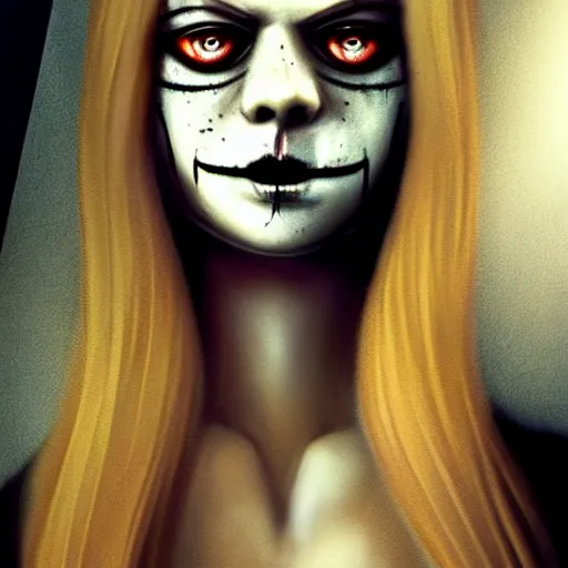 Image similar to gorgeous female Samara Weaving, horror movie slasher, slasher movie, realistic character concept, full body shot, violent pose with knife in hand, creepy evil smile, shorter neck, illustration, symmetrical face and body, realistic eyes, artstation, cinematic lighting, hyperdetailed, detailed realistic symmetrical eyes, face by artgerm, symmetrical nose, cgsociety, trees, forest, 8k, high resolution, Charlie Bowater, Tom Bagshaw, single face, insanely detailed and intricate, beautiful, elegant, vfx, postprocessing:: Rafael Albuquerque comic art, art nouveau, Peter Mohrbacher, pretty female Anya Taylor-Joy vampire sharp vampire teeth open mouth, symmetrical eyes and face, brown leather jacket, jeans, long black hair, full body