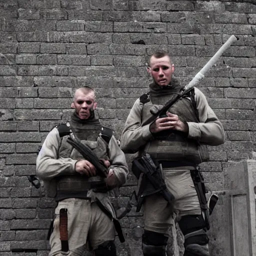 Image similar to British mercenaries wearing grey body armor smoking cigarettes in the aftermath of a bloody battle, photo by Lynsey Addario, Pulitzer Winning, cinematic composition, breathtaking, modern, 2022