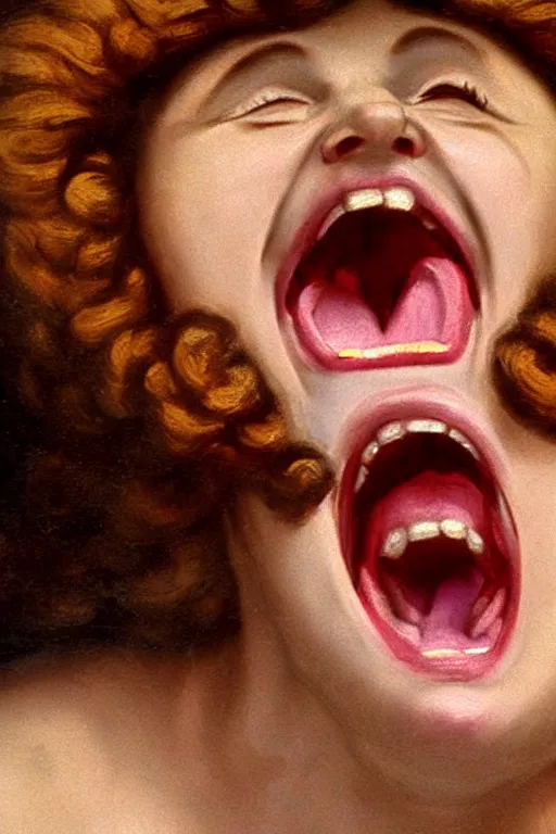 Image similar to beautiful woman, screaming face, closeup, dressed in roman clothes, ultra detailed, art by Guido Reni style