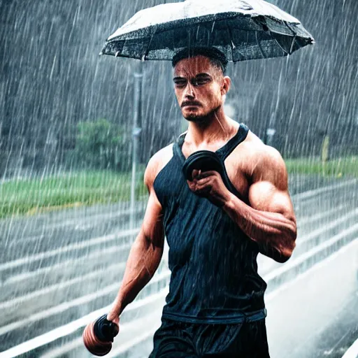 Prompt: a handsome young man working out in the rain, cyborg, photo,