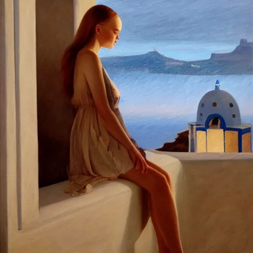 Prompt: Elle Fanning in Santorini at night, head and shoulders portrait, stormy weather, extremely detailed masterpiece, Roger Deakin’s cinematography, oil on canvas, Edward Hopper,