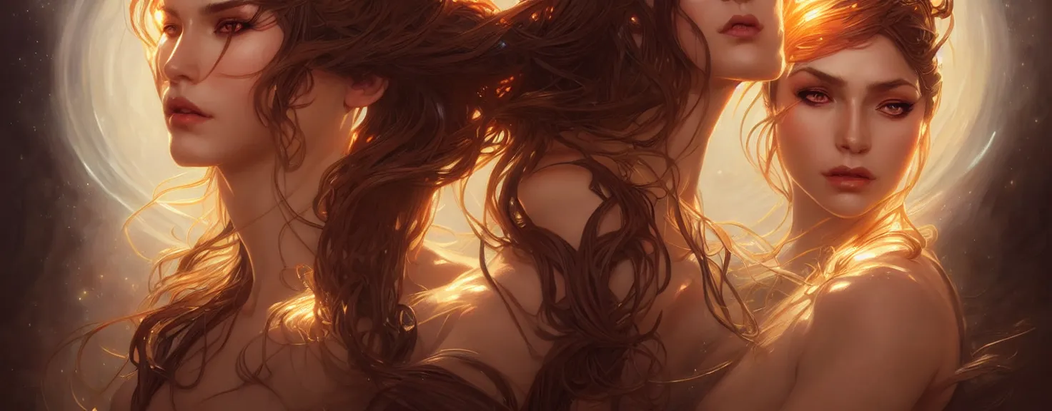 Image similar to fantasy magic woman portrait, sci-fi, amber eyes, face, long hair, fantasy, intricate, elegant, highly detailed, digital painting, artstation, concept art, smooth, sharp focus, illustration, art by artgerm and greg rutkowski and alphonse mucha