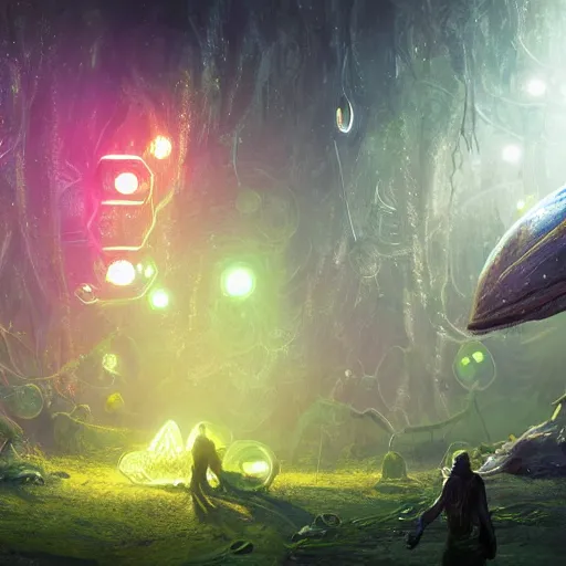 Image similar to ultra realistic illustration of android fairy, alien homeworld, swamps, snails, beautiful, advanced technology, warframe, special effects, colorful lights, space ship in the distance, intricate, highly detailed, digital painting, artstation, concept art, smooth, sharp focus, illustration, art by artgerm and tim mcburnie and anato finnstark