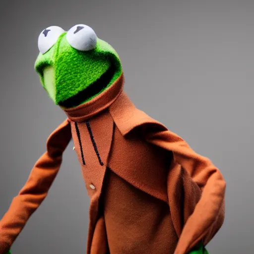 Image similar to Kermit the frog real life puppet hanged with a rope from behind, realistic, DSLR photo, moody lighting, detailed