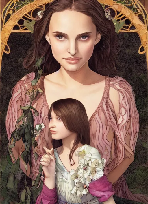 Image similar to well - lit art nouveau face portrait of a 1 3 - year old girl wih resembles natalie portman and emily browning acting shy on a bridge, natural lighting, path traced, highly detailed, high quality, cartoon, digital painting, by don bluth and ross tran and studio ghibli