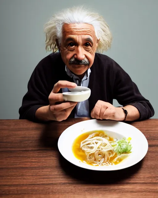 Image similar to a portrait of albert einstein sitting at the dining table with a plate containing tonkotsu ramen in front of him, highly detailed, trending on artstation, bokeh, 9 0 mm, f / 1. 4