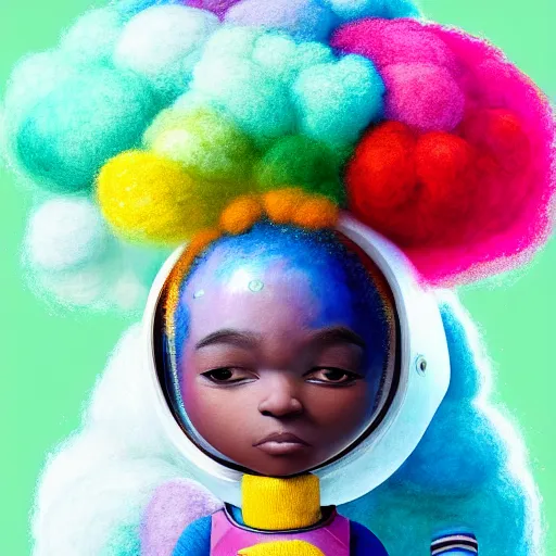 Image similar to a black girl with a colorful afro and rainbow eyes dressed like an astronaut, bright colours, watercolor, volumetric wool felting, macro photography, children illustration, by goro fujita