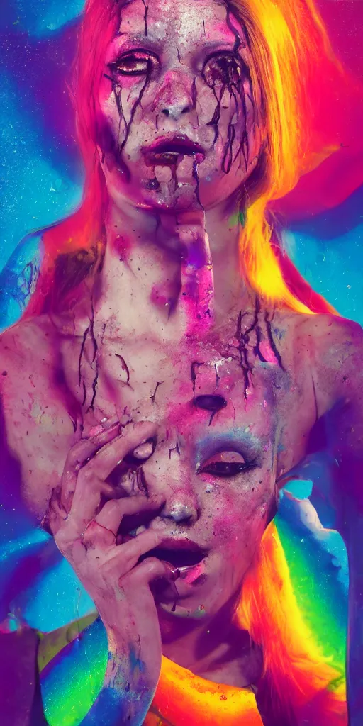 Image similar to impossibly beautiful female retro horror movie slasher villain, summer camp, complexity, horror, psychedelic glitch art, rainbow drip paint, trending on art station, photoreal, 8k, octane render